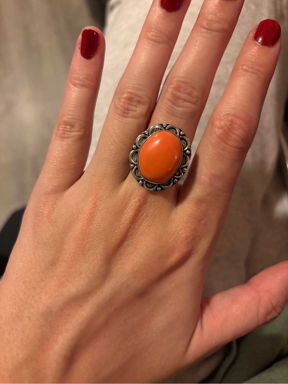 Coral / Orange Stone Silver Ring, Size 7